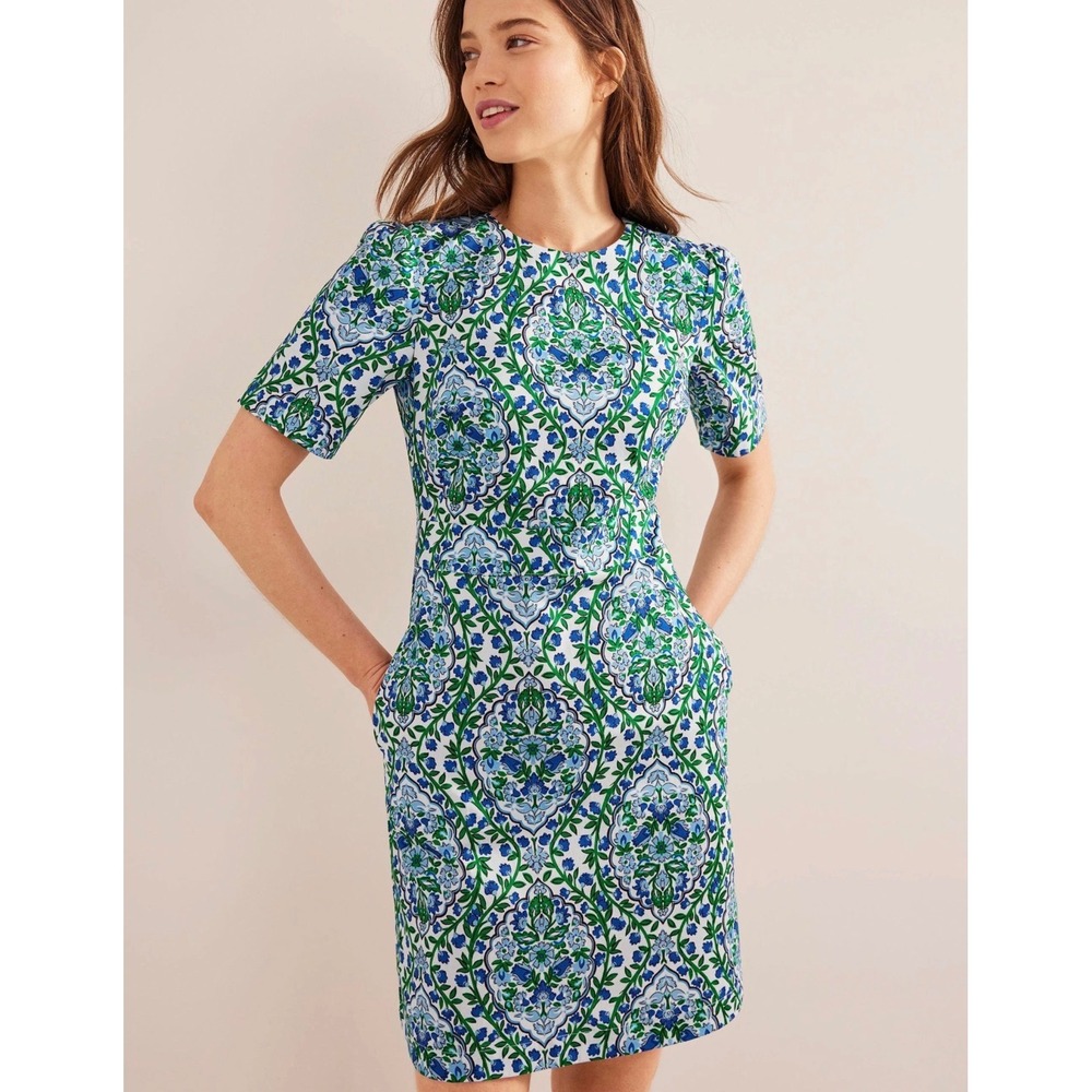 Boden Blue Green Damask Floral Short Sleeve Shift Dress US 8P UK 12P